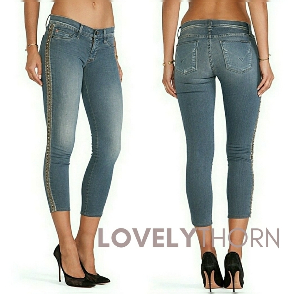 HUDSON // spike bead side stripe super skinny crop stretch denim jeans
